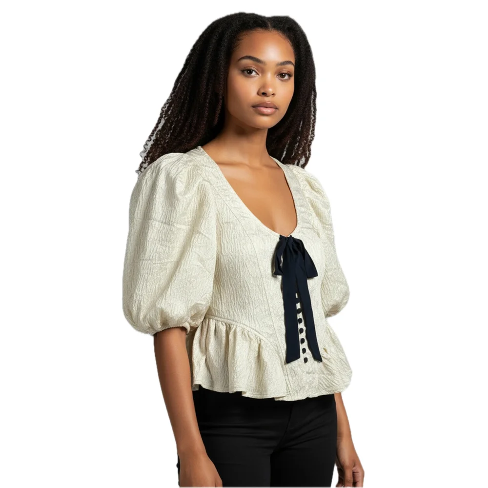 Free People NWT Ivory Textured Puff Sleeve Peplum Top Black Tie Bow Size P